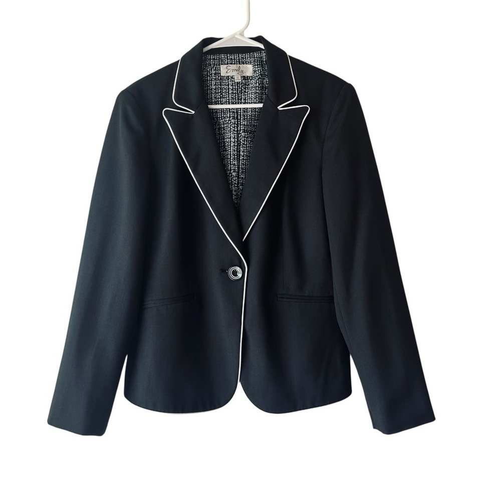 Emily Women's 12 Black White Trim Fitted Career Work Suit Business Jacket Blazer